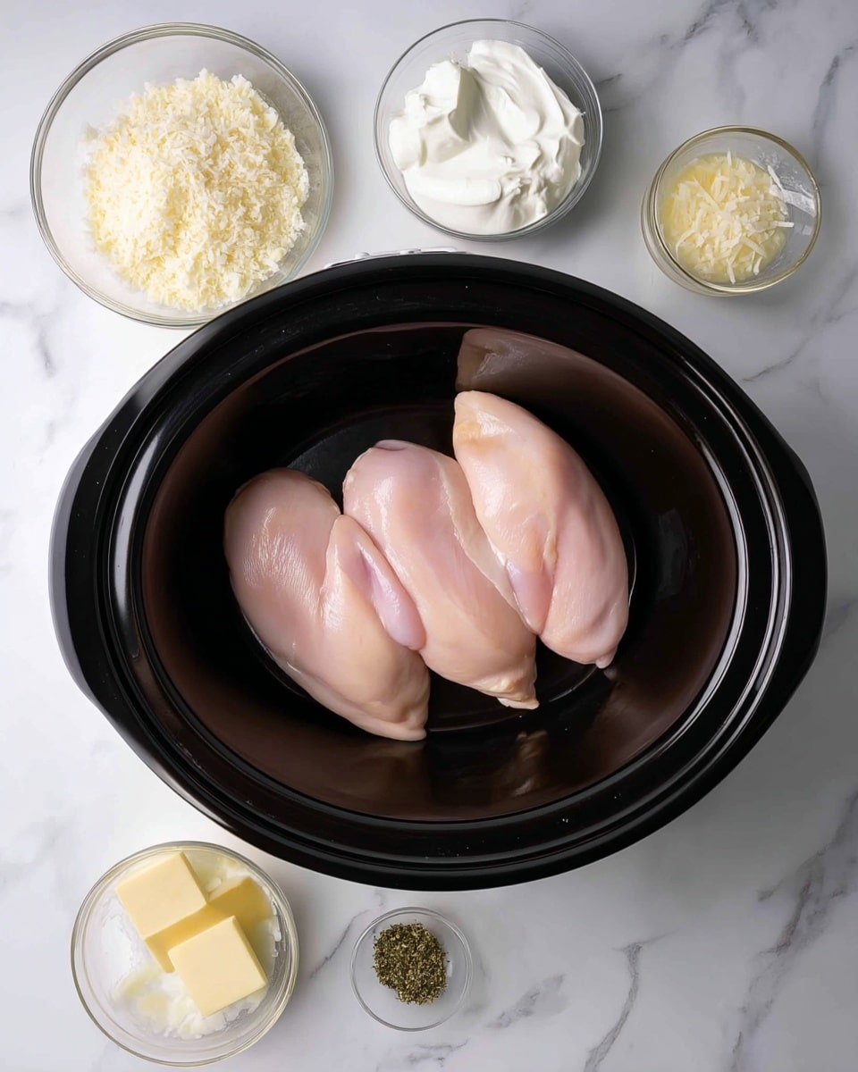 The image shows three raw light pink chicken pieces placed side by side inside a black slow cooker pot with a glossy surface. Around the pot, there are small clear glass bowls containing white sour cream, chopped light beige bread crumbs, melted light yellow butter, shredded white coconut, and some dried green herbs. The whole setup is on a white marbled surface. Photo taken with an iphone --ar 4:5 --v 7