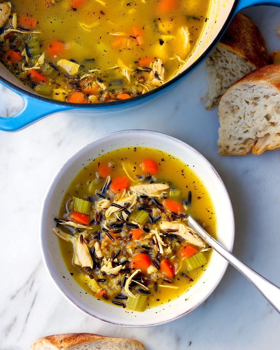 The image shows a bowl of soup and part of a large pot of the same soup on a white marbled surface with torn pieces of light brown bread nearby. The soup has a clear golden-yellow broth with shredded light beige chicken pieces, orange carrot cubes, celery green chunks, and dark wild rice grains floating on top. The soup fills about two-thirds of the white bowl, with a silver spoon resting inside it. The pot is blue on the outside with a smooth texture and is filled with the same colorful soup, visible from the top. The white marbled surface underneath has a slight pattern. Photo taken with an iphone --ar 4:5 --v 7