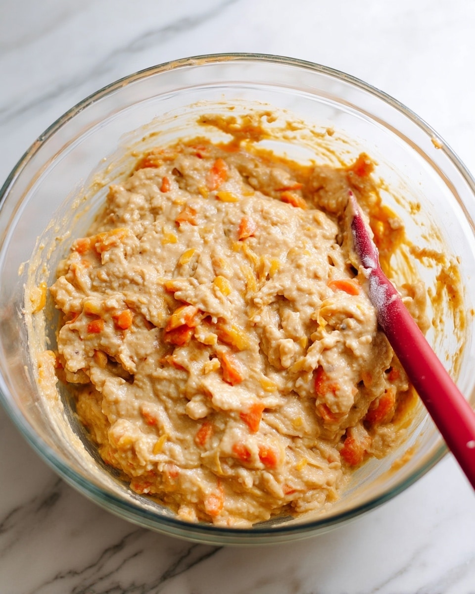 A clear glass bowl filled with thick, beige batter mixed with small orange fruit pieces, showing a coarse and slightly chunky texture, with a red spatula partially dipped into the batter on the right side. The bowl sits on a white marbled surface, and the batter has some streaks and clumps visible, giving it a rich and dense look. Photo taken with an iphone --ar 4:5 --v 7