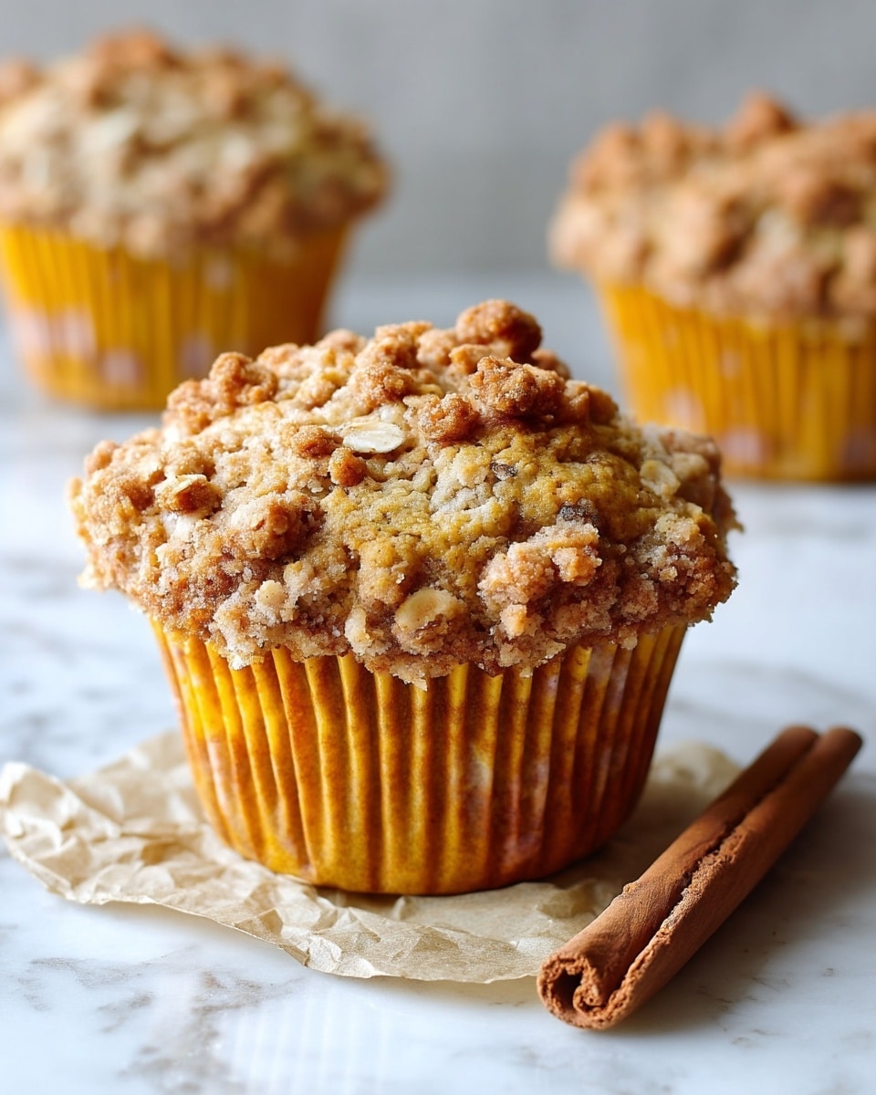 A close-up of a single muffin with a crumbly, textured topping that is light brown with visible oats, sitting in a yellow paper liner. The muffin has a golden brown color with a rough surface under the topping. In front of the muffin is a single stick of cinnamon resting on a crumpled piece of light brown parchment paper, placed on a white marbled surface. Some parts of other muffins are visible out of focus in the background. Photo taken with an iphone --ar 4:5 --v 7