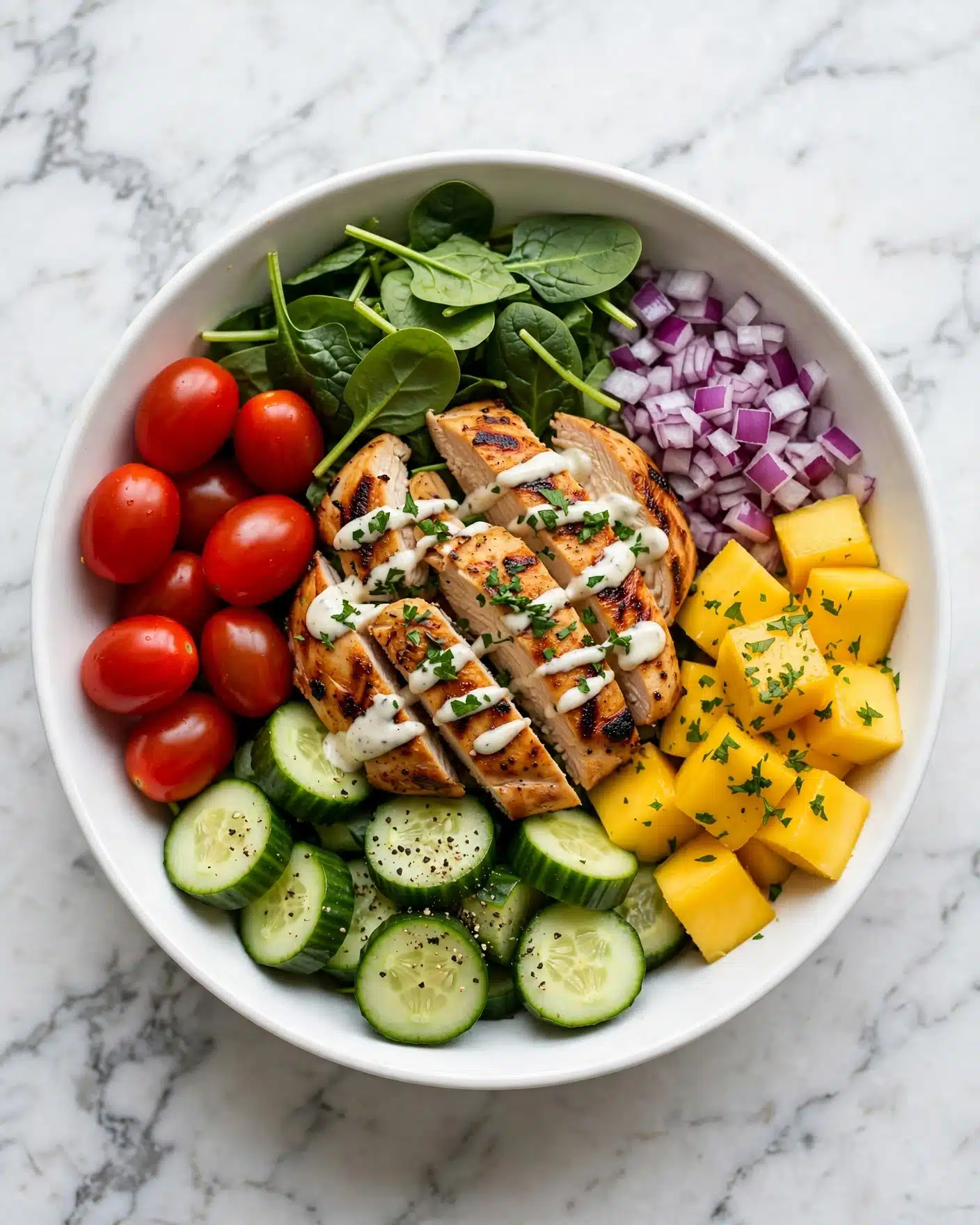 Chicken Mango Salad Recipe 5 A white bowl is filled with a colorful salad arranged in sections. In the center, there are golden-brown grilled chicken slices with a light drizzle of creamy sauce and some green herbs sprinkled on top. Around the chicken, from left to right, are bright red cherry tomatoes, fresh green spinach leaves, chopped purple onions, thick slices of green cucumber with pepper, and chunks of yellow mango also sprinkled with herbs. The bowl sits on a white marbled surface. Photo taken with an iphone --ar 4:5 --v 7