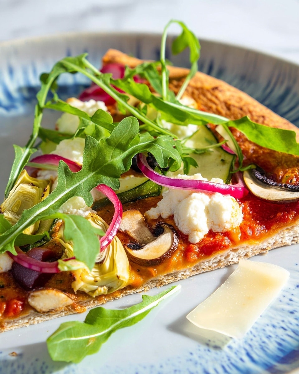 A slice of pizza shows a thin crust that is golden brown with a slightly crispy edge, topped by a smooth red tomato sauce as the first layer. On this layer, there are scattered dollops of white soft cheese and thin slices of light green artichoke hearts. Visible are also slices of light brown mushrooms and thin rings of bright purple pickled onions placed irregularly. Green fresh arugula leaves with jagged edges are laid on top, and thin pale yellow cheese shavings rest near the edge. The pizza slice sits on a white plate with a blue rim texture on a white marbled surface. Photo taken with an iphone --ar 4:5 --v 7