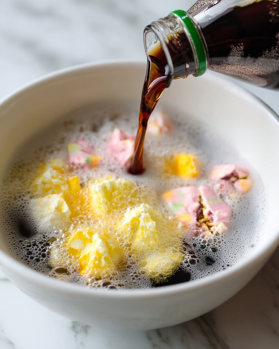 The image shows a close-up of a white bowl with yellow clusters and soft pink pieces floating in a light foam. A dark liquid is being poured from a clear glass bottle with a green ring near the top, creating bubbles and mixing with the light foam on the surface. The bowl sits on a white marbled surface, and the textures of the yellow clusters and pink pieces contrast with the smooth, dark liquid and foam. Photo taken with an iphone --ar 4:5 --v 7
