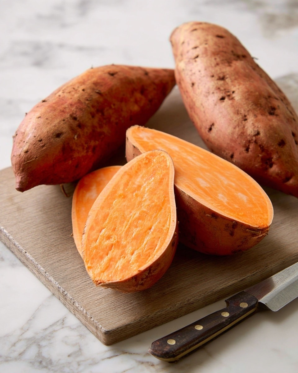 The image shows a cutting board with two whole sweet potatoes and one sweet potato cut in half. The sweet potatoes have a rough, brownish-orange skin. The inside of the cut sweet potato is a bright orange with a smooth texture. A knife with a dark blade is positioned at the bottom right corner of the cutting board. The cutting board is a light brown color and sits on a white marbled textured surface. Photo taken with an iphone --ar 4:5 --v 7