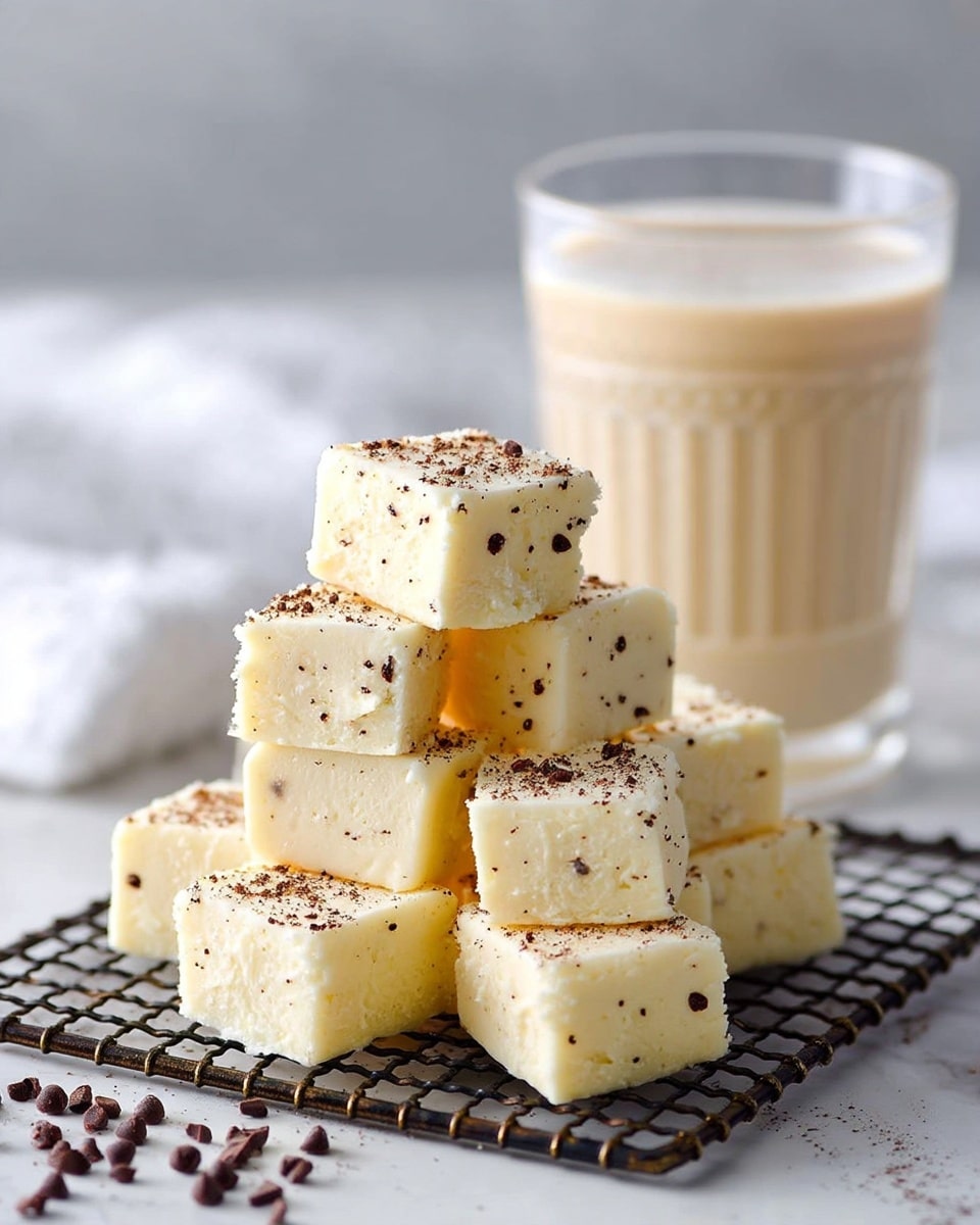 The image shows several square pieces of a soft, pale yellow dessert with a smooth white frosting layer on top, sprinkled lightly with small brown specks. The cake appears moist and fluffy with clearly cut edges, and some pieces are slightly separated from the main block. The surface under the dessert has a white marbled texture, enhancing the clean and simple look. The dessert has two layers: a soft yellow cake base and a creamy white frosting on top with a light dusting of spice or cocoa powder. Photo taken with an iphone --ar 4:5 --v 7
