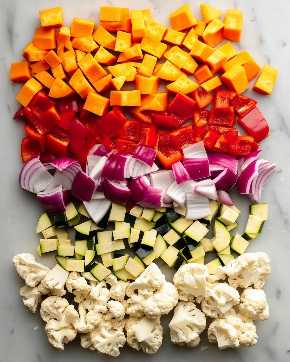 The image shows five layers of chopped vegetables arranged in horizontal lines on a white marbled surface. The top layer is made of orange cubes of butternut squash, with a smooth texture. Below it is a row of shiny, bright red bell pepper pieces, cut into small squares. The middle layer features chunks of red onion, showing a mix of white and purple colors with a slightly glossy surface. Next, there is a layer of zucchini cubes with a light green flesh and dark green skin, evenly chopped. The bottom layer consists of white cauliflower florets with a rough texture and uneven shapes. photo taken with an iphone --ar 4:5 --v 7