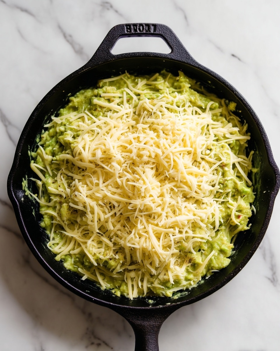 A black cast iron skillet filled with a creamy green mixture that looks like mashed avocado or a similar textured dish, topped with shredded pale yellow cheese evenly spread over the surface. The skillet sits on a white marbled surface, showing the contrast between the dark pan and the bright green and yellow food inside. The creamy base has a smooth texture with small chunks visible, and the grated cheese adds a rough, thin layer over the top photo taken with an iphone --ar 4:5 --v 7