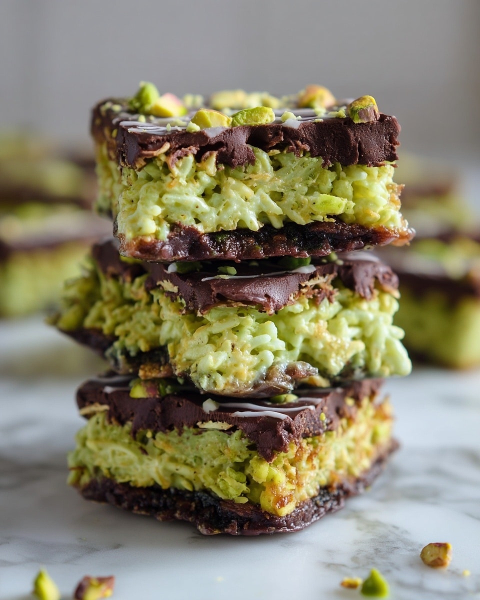 The image shows a stack of three layered bars, each made with three layers: a dark brown, firm chocolate base at the bottom with a slightly uneven texture, a thick middle layer of bright green, creamy rice mixture with visible rice grains and a soft texture, and a dark brown chocolate top layer sprinkled with chopped green pistachio pieces, slightly chunky with a glossy shine. The stack is on a white marbled surface with other similar bars blurred in the background. photo taken with an iphone --ar 4:5 --v 7