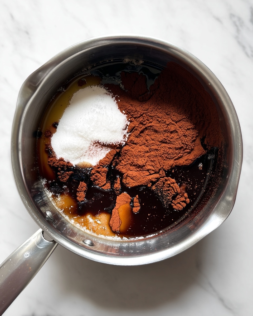 A silver metal saucepan sits on a white marbled surface, filled with several ingredients layered separately. The base layer is a dark, shiny liquid scattered with patches of smooth, lighter amber liquid around the edges. On top of this are two dry powders: one dark brown cocoa powder spread mostly on the right side, and a small pile of white granulated sugar on the left side. The different textures and colors of the powders contrast with the glossy liquid beneath them. photo taken with an iphone --ar 4:5 --v 7