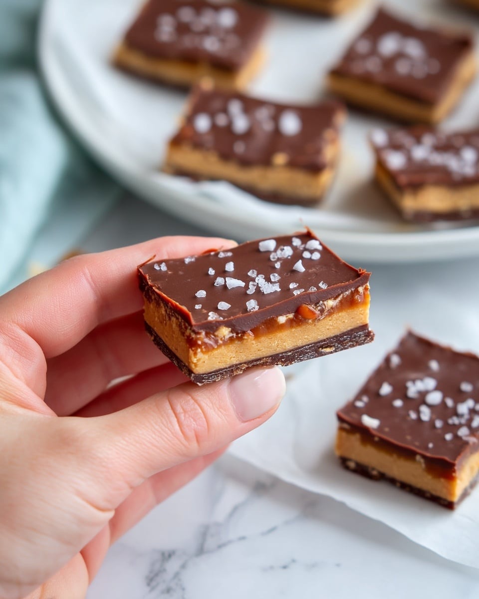 A close-up of a layered square bar held between a woman's thumb and finger. The bar has three visible layers: a dark glossy bottom layer, a thicker tan middle layer, and a smooth dark brown top layer sprinkled with coarse sea salt. In the blurred background, several more square bars rest on white parchment paper placed on white marbled surface, with some pieces on a white plate. Photo taken with an iphone --ar 4:5 --v 7