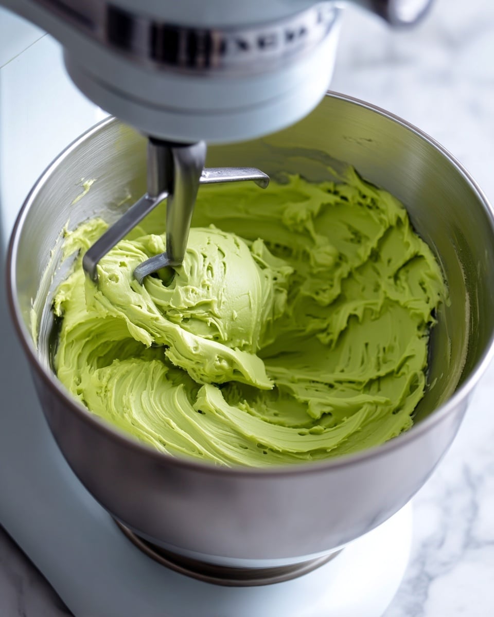 The image shows a close-up view inside a silver metal mixing bowl with a creamy green mixture being stirred by a paddle mixer attached to a white stand mixer. The green mixture has a smooth and thick texture with soft folds around the edges and in the center. The background is a white marbled texture. photo taken with an iphone --ar 4:5 --v 7