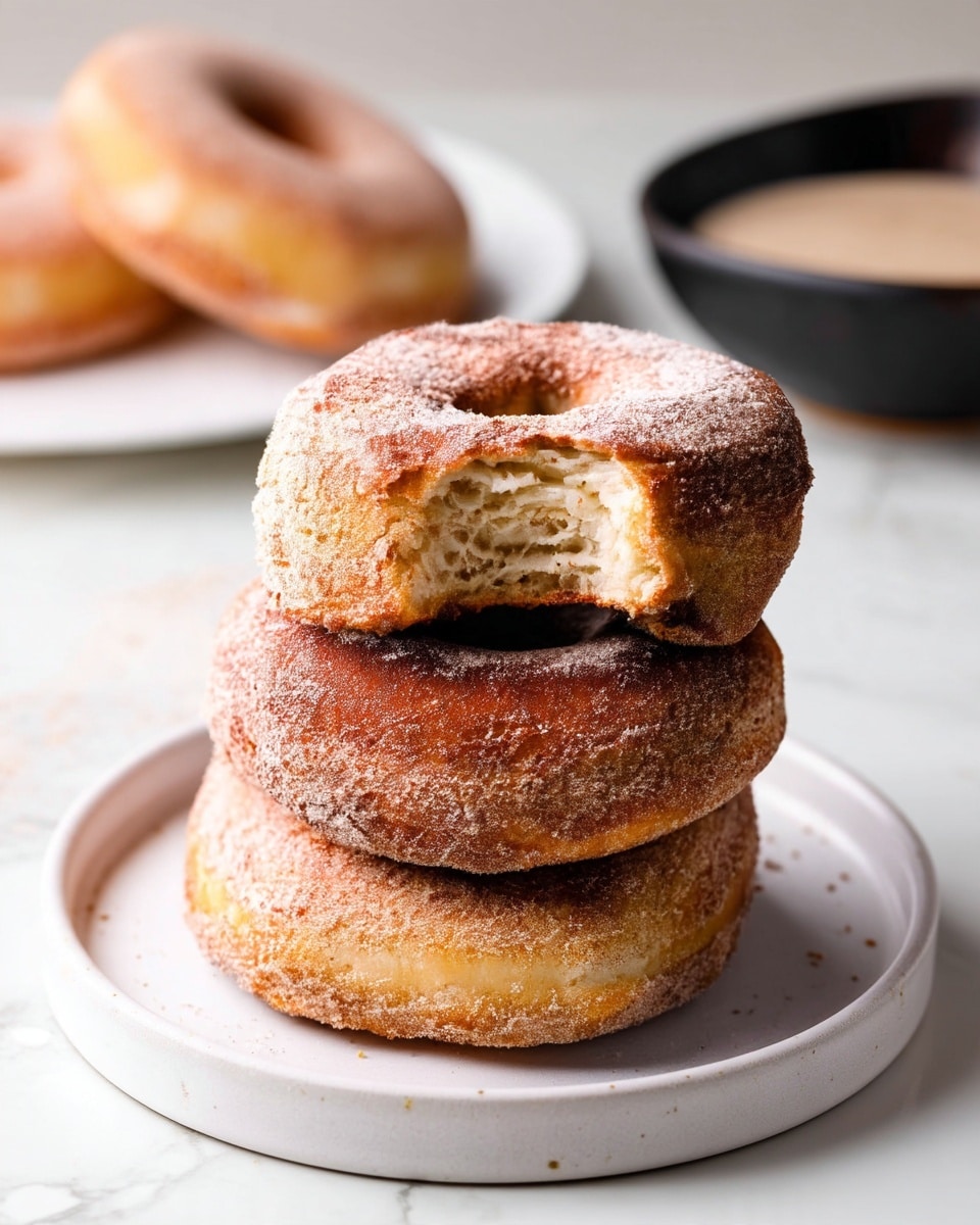 A stack of three cinnamon sugar donuts sits on a white plate. The top donut has a bite taken out of it, showing its soft, light, and fluffy inside with a slightly rough texture. The donuts are covered in a layer of fine cinnamon sugar that gives a grainy and matte finish, with the sugar particles visible on the surface. The plate and the background have a white marbled texture that adds a clean, bright look to the image. In the blurred background, there is part of another white plate with a donut and a black bowl with a light-colored sauce or dip. photo taken with an iphone --ar 4:5 --v 7