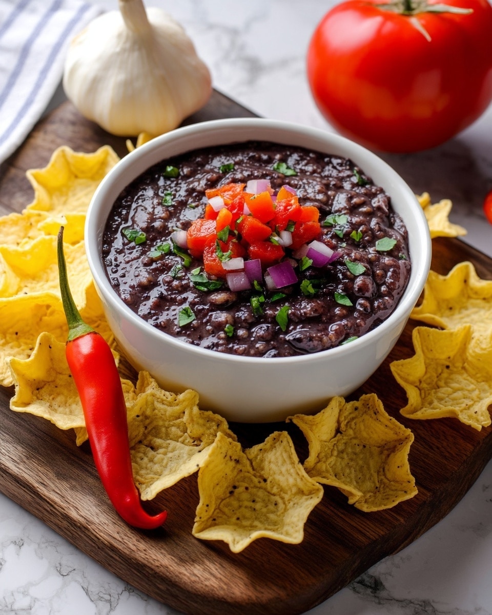 A white bowl filled with thick black bean dip, which has a dark purple color and a slightly chunky texture. On top of the dip is a small pile of diced red tomatoes and finely chopped light purple onions, sprinkled with small green herb pieces. The bowl sits on a dark wooden board surrounded by light yellow corn chips with a star shape. Around the board, there is a whole white garlic bulb on the top left, a bright red chili pepper near the bottom left, and a fresh red tomato on the top right. The background is a white marbled surface. Photo taken with an iphone --ar 4:5 --v 7