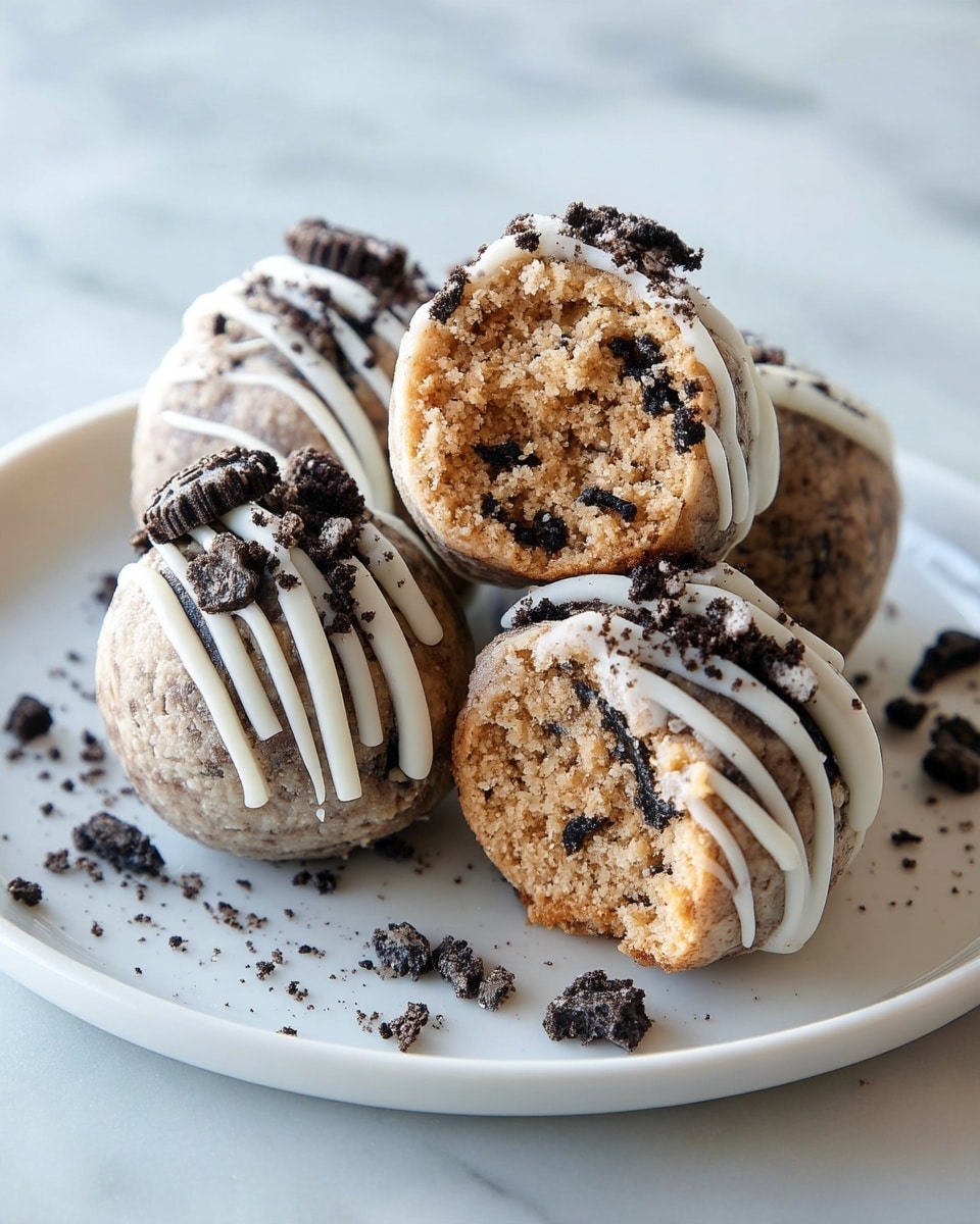 The image shows four round cookie balls placed on a white plate with a white marbled surface beneath. Each cookie ball is made of a crumbly mixture with visible pieces of dark cookie crumbs inside. Two of the cookie balls have white icing drizzled over them in thin lines, and some crushed dark cookie pieces are sprinkled on top, adding texture and contrast. One cookie ball is cut in half, showing its crumbly light brown inside with embedded dark cookie chunks. The arrangement is casual, with three whole cookie balls and one half on top. Photo taken with an iphone --ar 4:5 --v 7