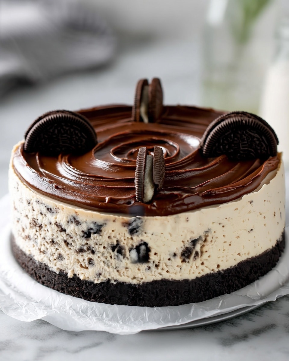 The image shows a round Oreo cheesecake with three visible layers. The bottom layer is a dark, crumbly chocolate crust. The middle layer is thick and cream-colored with small bits of crushed Oreo cookies embedded, giving it a speckled look. The top layer is smooth, shiny chocolate spread in a swirled pattern. There are four Oreo cookie halves placed standing up evenly on the top edge of the cake. The cake is on white parchment paper, placed on a white marbled surface, and the background has a soft, bright look with a blurred glass bottle. photo taken with an iphone --ar 4:5 --v 7