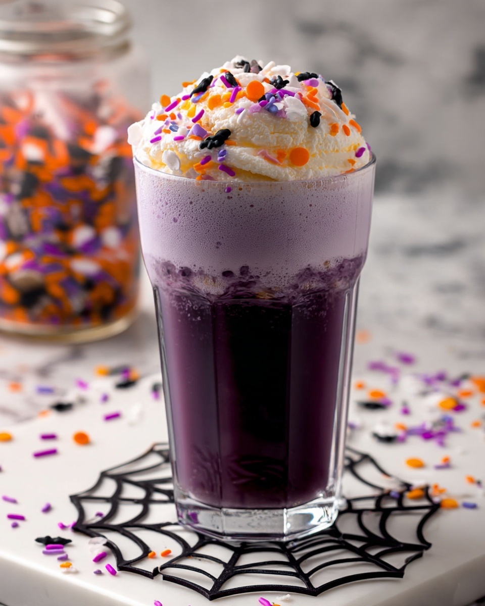 A tall clear glass filled with two main layers: a dark purple liquid at the bottom and a thick light purple foam on top. The foam is soft and fluffy, sprinkled with small orange, white, black, and purple shapes that look like Halloween-themed sprinkles. The glass sits on a white marbled surface with black spiderweb patterns underneath. In the background, there is a blurry jar with more colorful sprinkles. Photo taken with an iphone --ar 4:5 --v 7