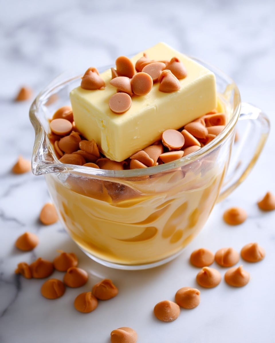 A clear glass measuring cup filled with a large block of pale yellow butter topped by two layers of round, smooth caramel and butterscotch-colored chips filling the cup above the butter; all sits on a white marbled surface. photo taken with an iphone --ar 4:5 --v 7