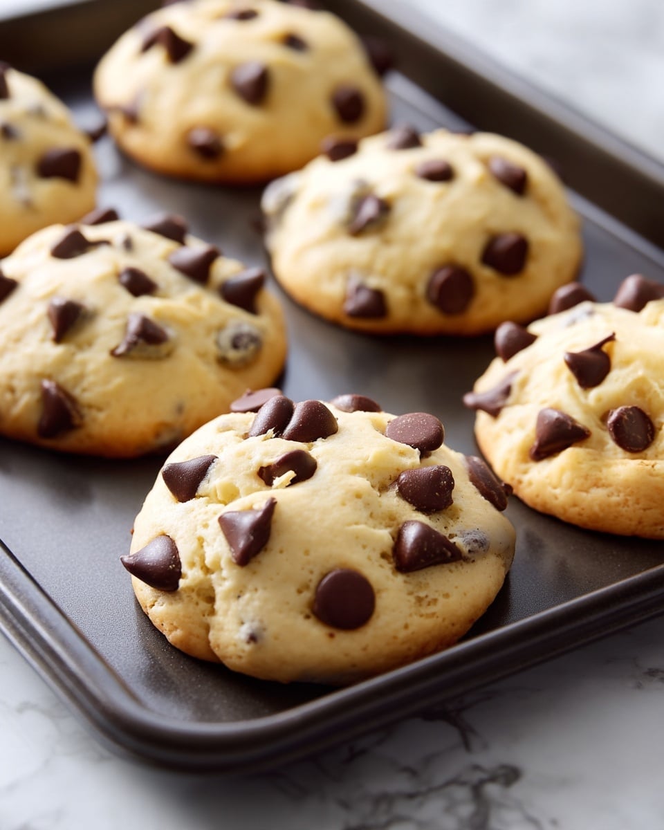 The image shows several soft, round cookies on a dark baking tray, each cookie with a light golden color and topped with multiple dark brown chocolate chips. The cookies have a slightly puffy texture with some small cracks, giving them a homemade look. The background is a white marbled surface, and there is no other object in the frame. photo taken with an iphone --ar 4:5 --v 7