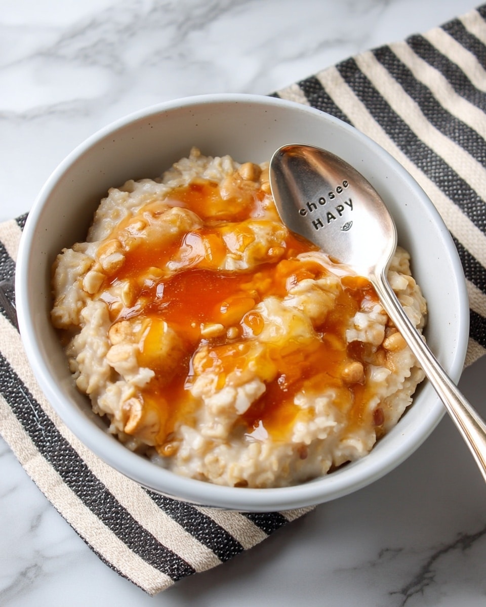A white bowl filled with thick, creamy oatmeal that has a soft beige color and a slightly chunky texture, topped with shiny amber-colored syrup spread unevenly across the surface. A silver spoon with the words