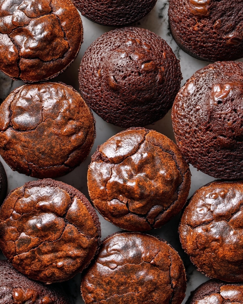 This image shows a close-up view of many round chocolate muffins packed tightly together. Each muffin has a rough, cracked top with a shiny, slightly bumpy texture. The muffins are dark brown with lighter brown cracks, showing a dense but soft look. They all appear uniform in size and shape, filling the whole frame, with some muffins partially hidden behind others. The background has a white marbled texture. photo taken with an iphone --ar 4:5 --v 7