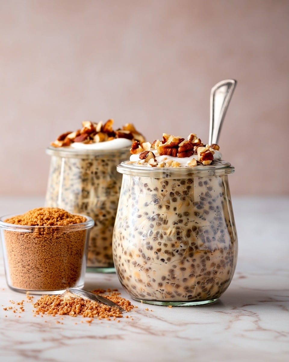 The image shows two clear glass jars filled with layers of creamy chia pudding mixed with small dark chia seeds and light brown oats. The pudding fills almost the entire jar and is topped with a white dollop of yogurt or cream, sprinkled with crushed brown crumbs and pieces of nuts on top. One jar is in clear focus with a metal spoon sticking out, while the second jar is blurred in the background. Next to the jars, there is a small clear glass container filled with a pile of fine brown crumbs. The scene is set against a light pink background, and the jars sit on a white marbled surface. photo taken with an iphone --ar 4:5 --v 7