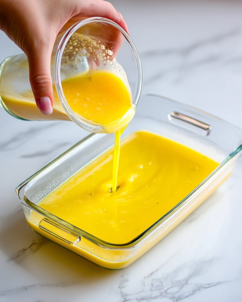 A clear glass rectangular dish filled with bright yellow liquid that has a smooth texture, being poured carefully from a transparent bowl held by a woman's hand at the top left corner of the image. The liquid creates soft ripples as it fills the dish, which sits on a white marbled surface. The overall scene is bright and clean, focusing closely on the pouring action and the glossy liquid inside the dish, photo taken with an iphone --ar 4:5 --v 7