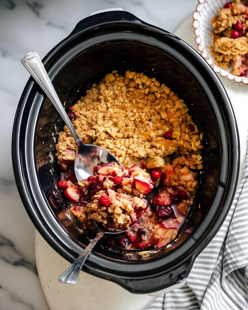 Inside a black slow cooker, there is a fruit crisp with two main layers. The bottom layer is a mix of soft cooked fruit pieces, mostly light brown and red berries, creating a juicy texture. On top of the fruit, there is a thick crunchy oat layer in golden brown, scattered unevenly but covering most of the fruit. A silver spoon is scooping some of the crisp from the bottom left, showing the juicy fruit and oat mix beneath. The slow cooker sits on a white marbled surface with a white patterned bowl partially visible on the top right, holding more of the same oat crisp dessert. A striped cloth is near the bottom right corner. Photo taken with an iphone --ar 4:5 --v 7