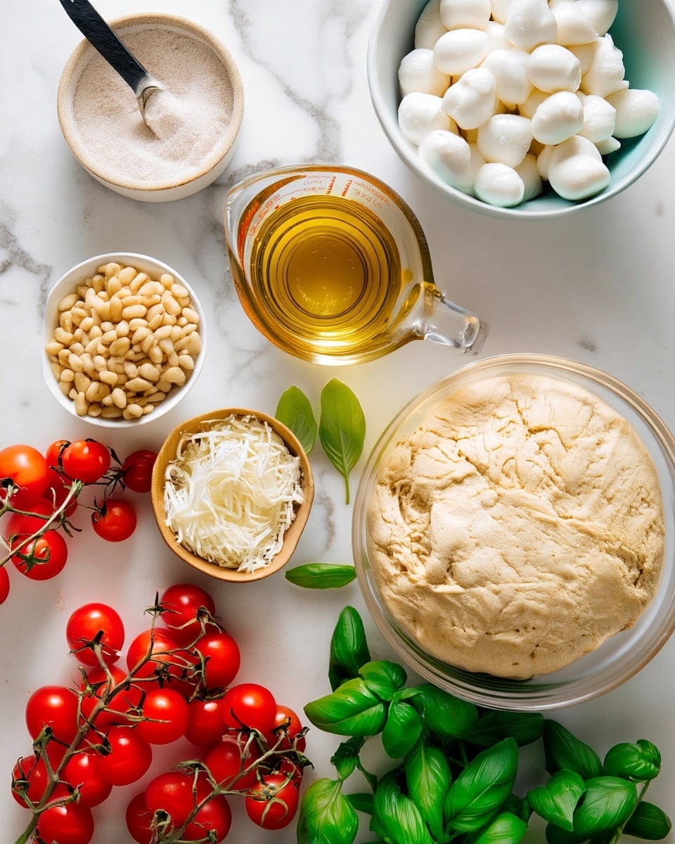 The image shows ingredients arranged on a white marbled surface. In the top right, there is a white bowl full of small, white mozzarella balls. Below that, a large clear glass bowl holds a puffy, light beige dough with a soft, textured surface. In the center, a glass measuring cup contains golden olive oil, with measurement markings visible. To the left, a small white bowl is filled with pale pine nuts, next to two peeled garlic cloves. A small light wooden bowl with finely shredded white cheese sits below the pine nuts. Bright red cherry tomatoes on green vines fill the bottom left corner. Scattered fresh green basil leaves add color, with some clustered at the bottom right. At the top left, a white bowl with a brown rim holds a light tan powder with a teaspoon inside. photo taken with an iphone --ar 4:5 --v 7