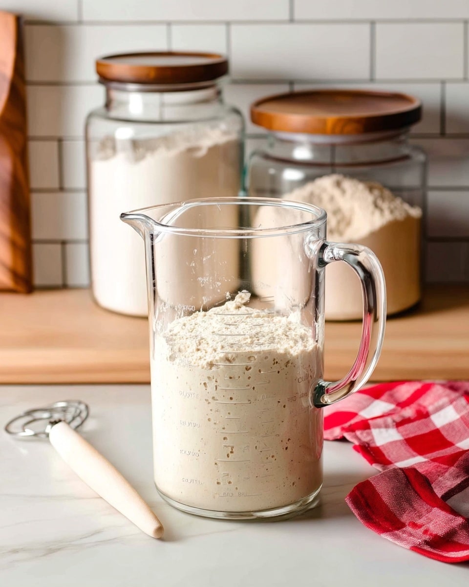 A clear glass measuring jug sits on a white marbled counter with light brown frothy dough inside, filling about one-third of the jug’s height. The dough has small air bubbles and a slightly sticky texture. Behind the jug, two large glass jars with wooden lids contain white and light brown powdery ingredients. To the left of the jug, a wooden kitchen tool with a white handle rests flat on the counter. On the right side, a folded red and white checkered cloth is partially visible. The background has a white tiled wall with light gray grout lines. photo taken with an iphone --ar 4:5 --v 7