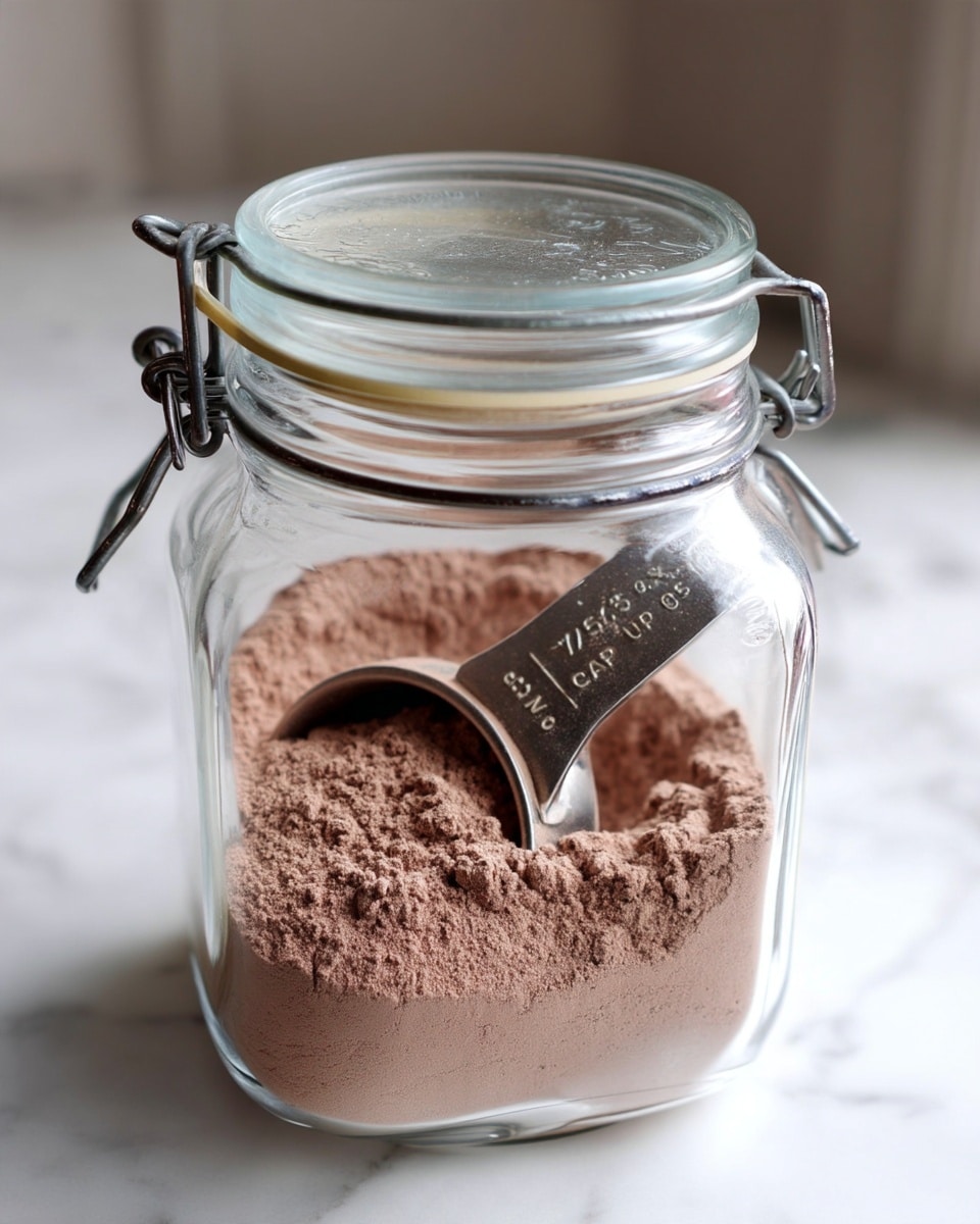 A clear glass jar with a metal latch lid sits on a white marbled surface, filled about halfway with fine brown powder that has a soft, smooth texture. Inside the jar, a shiny metal measuring scoop marked