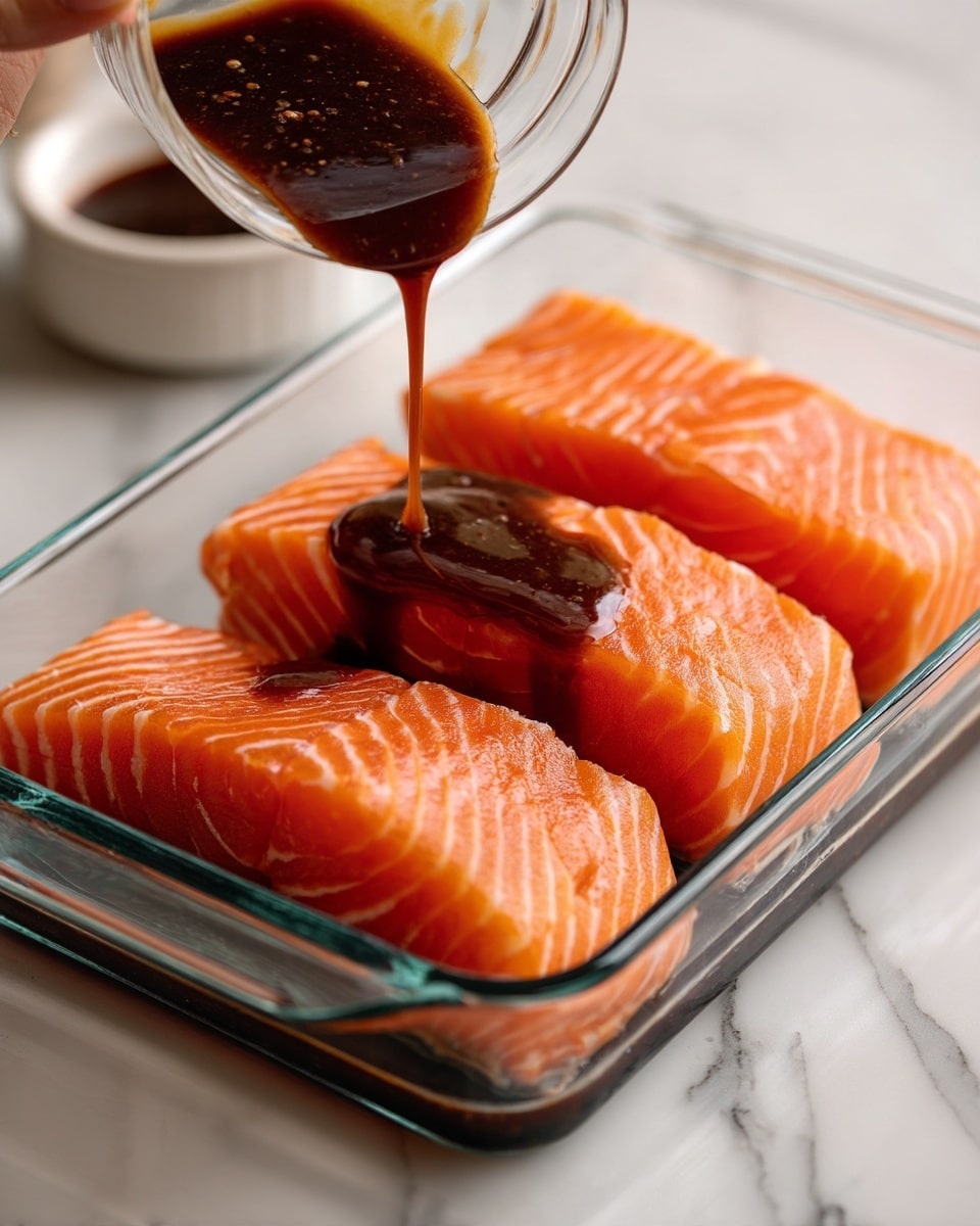 The image shows three thick salmon fillets placed in a clear rectangular glass dish, stacked slightly with the largest piece at the bottom and the smallest on top. A dark brown sauce, thick and glossy, is being poured over the salmon from a clear container held by a woman's hand at the top right corner. The salmon has a bright orange color with thin white lines running through each fillet, showing their fresh texture. The dish is on a white marbled surface, and a small part of a small white bowl with more sauce is visible in the top left corner. photo taken with an iphone --ar 4:5 --v 7