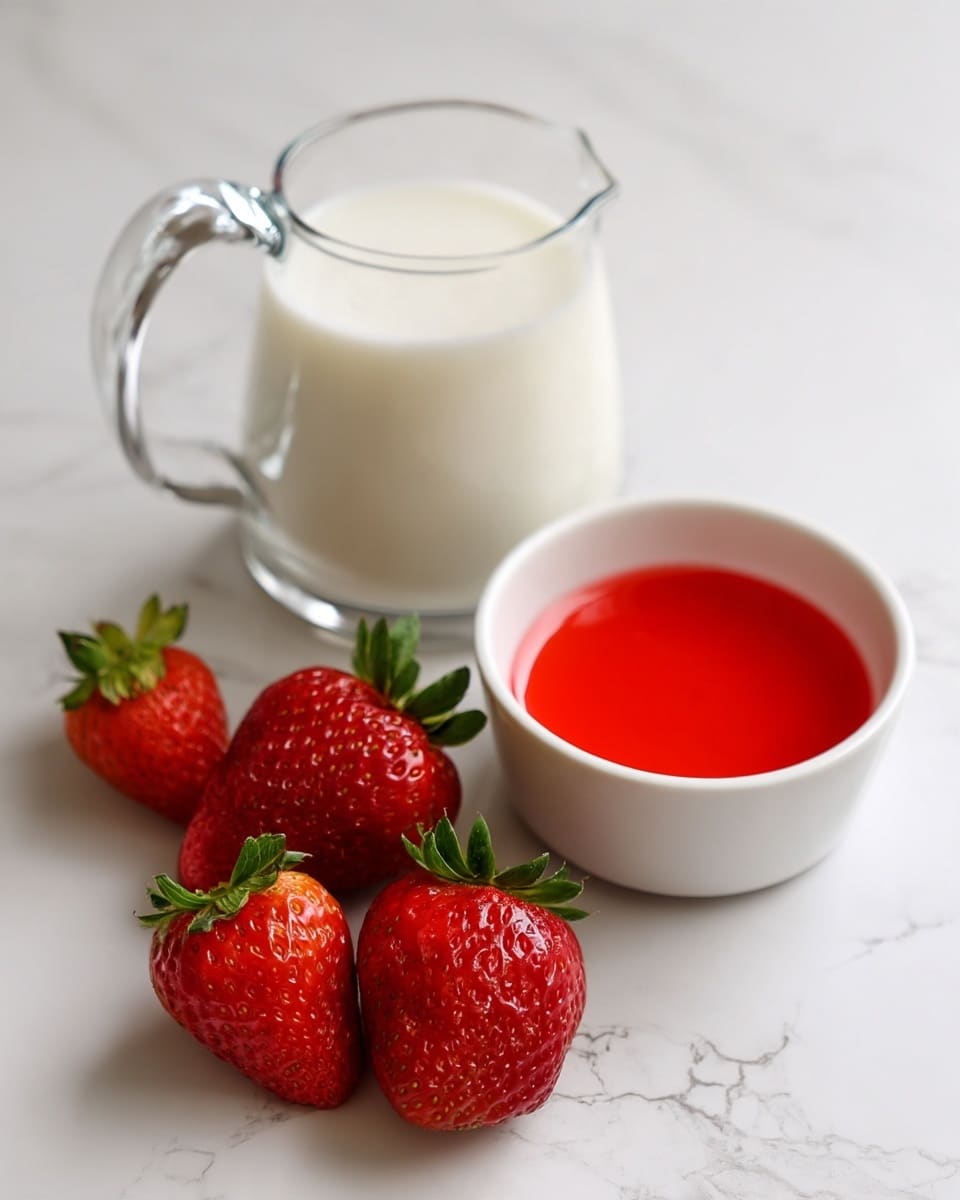 The image shows a clear glass measuring cup filled with white milk, placed on a white marbled surface. In front of the cup, there are four fresh strawberries with green leaves, arranged casually in a small group. To the right of the strawberries, there is a small white bowl filled with a smooth, bright red liquid. The whole setup is simple and clean, with the white marbled surface adding a soft texture in the background. photo taken with an iphone --ar 4:5 --v 7