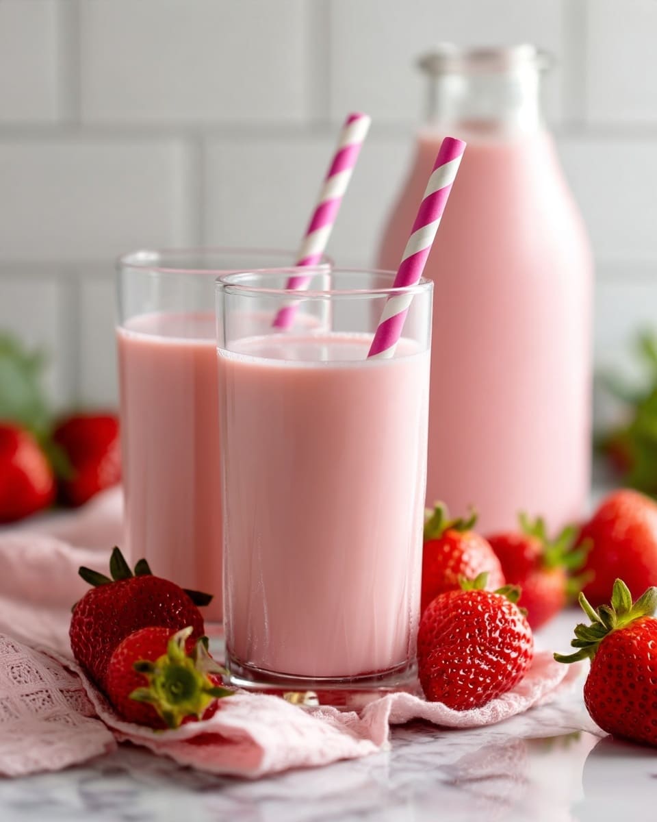 The image shows two clear glass cups filled nearly to the top with smooth, light pink strawberry milk, each cup with a pink and white striped paper straw standing upright. The glasses are set on a soft pink cloth on a white marbled surface, with large, bright red strawberries scattered around the base of the cups, some with green leaves visible. In the background, there is a pink glass bottle filled with the same pink strawberry milk, slightly blurred, against a white tiled wall. The overall look is bright, fresh, and inviting. photo taken with an iphone --ar 4:5 --v 7