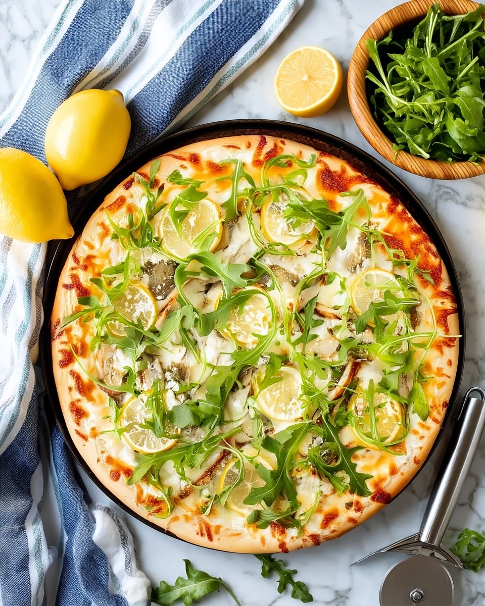A round pizza with a thin, golden-brown crust sits on a black tray over a white marbled surface. The pizza has a white creamy cheese base with melted, slightly browned cheese on top. Scattered evenly across the pizza are thin slices of light yellow lemon, soft green artichoke pieces, and fresh bright green arugula leaves spread over it. Around the pizza are two whole lemons, one cut in half showing its juicy inside, a blue and white striped cloth, and a wooden bowl filled with more arugula leaves. A silver pizza slicer is placed next to the pizza. Photo taken with an iphone --ar 4:5 --v 7