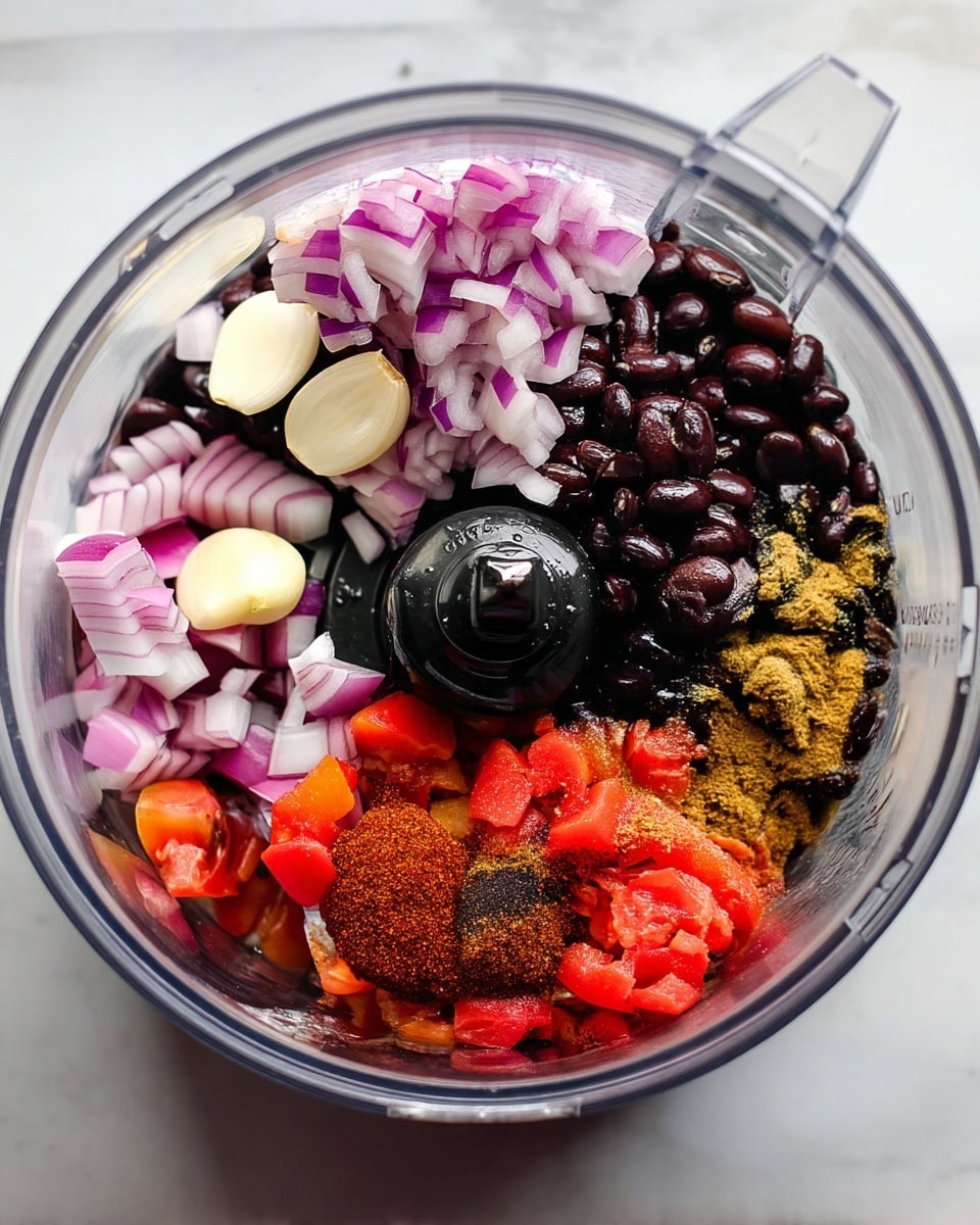 Inside a clear food processor bowl, there are four visible layers: a large pile of shiny black beans taking up nearly half the space on one side, next to a heap of finely chopped red onions in pastel purple shades, two whole cloves of peeled white garlic positioned near the onions, a vibrant mix of diced red tomatoes with hints of char near the bottom, and a small mound of brown ground spices on the side next to the tomatoes. The food processor is resting on a white marbled surface. Photo taken with an iphone --ar 4:5 --v 7