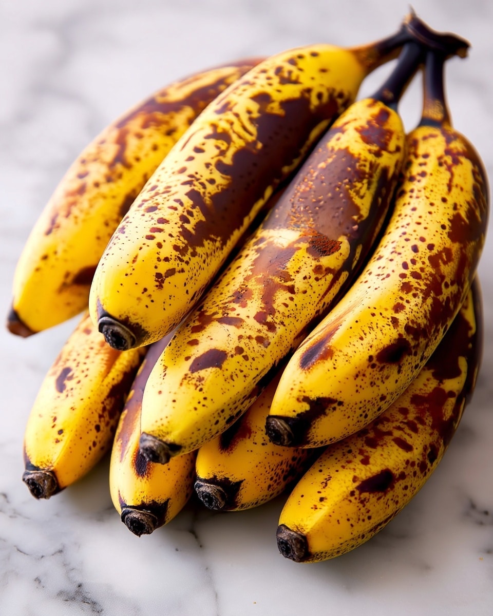 A bunch of ripe bananas with yellow skin covered in many dark brown spots are placed on a white marbled surface. The bananas overlap each other and have black tips at the stems and at the ends. The skin appears smooth with a few slight wrinkles, showing they are very ripe. Photo taken with an iphone --ar 4:5 --v 7