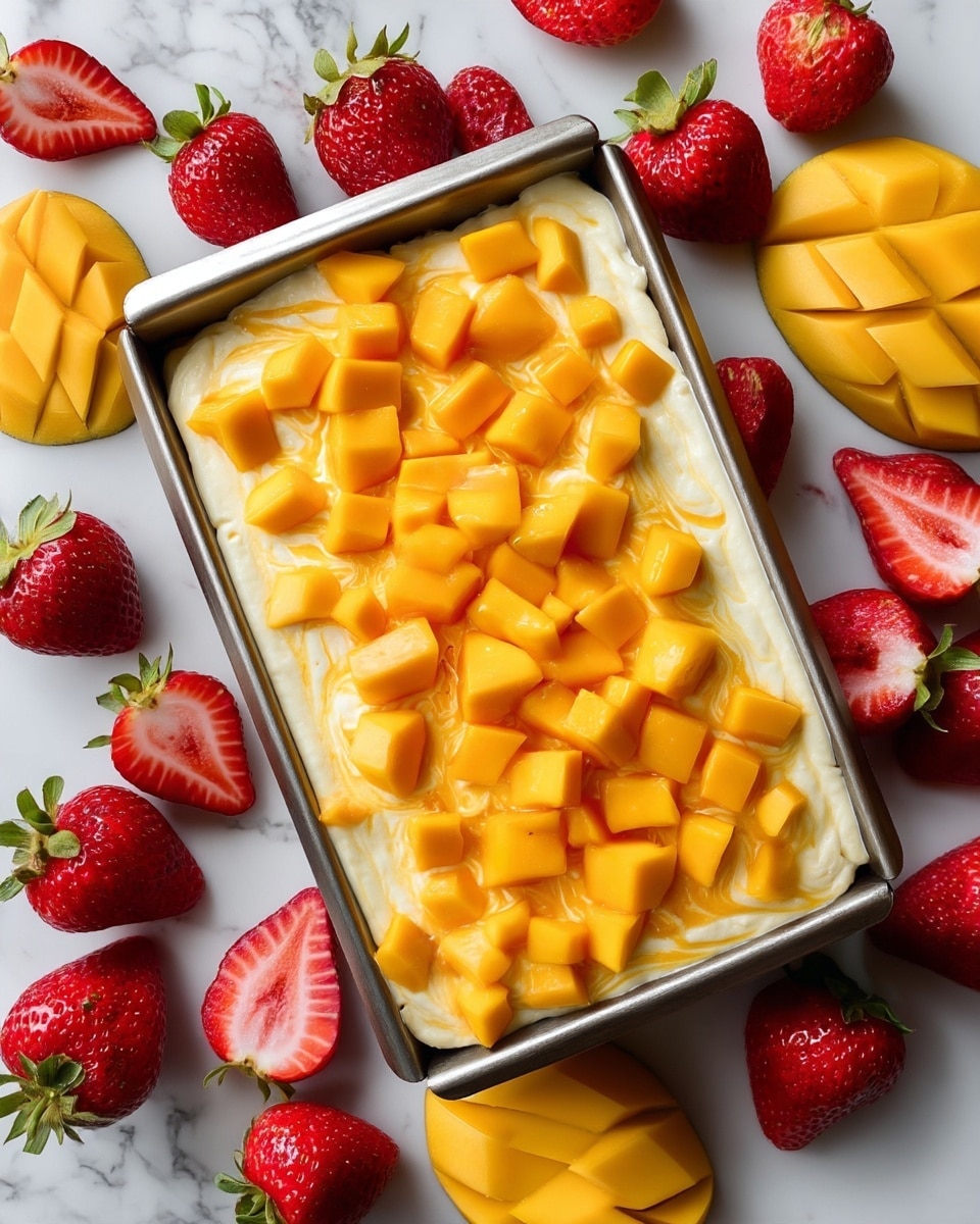 A metal rectangular pan holds a dessert with two layers: a smooth, creamy white layer on the bottom and a topping of bright orange diced mango pieces evenly spread across the surface. Around the pan, there are fresh strawberries cut in halves showing their red and white inside, along with whole and sliced mangoes on a white marbled surface. The colors of the fruits contrast with the creamy base underneath. photo taken with an iphone --ar 4:5 --v 7