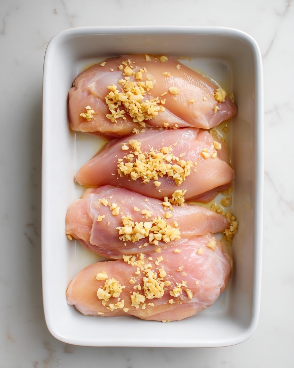 A white rectangular baking dish holds four raw chicken pieces lying flat side by side. Each chicken piece is pale pink with a smooth, slightly shiny texture. Small, uneven bits of minced garlic, pale yellow in color, are spread evenly on top of each chicken piece. The baking dish is placed on a white marbled surface. The photo taken with an iphone --ar 4:5 --v 7
