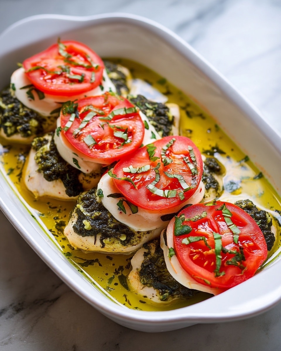 The image shows a white oval dish holding four pieces of chicken topped with bright green pesto sauce. Each piece of chicken has a layer of white mozzarella cheese on top, followed by a red slice of fresh tomato. The tomato slices are decorated with thin strips of dark green basil leaves. The dish is surrounded by a yellow oily sauce that looks like olive oil mixed with herbs. The background is a smooth white marble surface. photo taken with an iphone --ar 4:5 --v 7