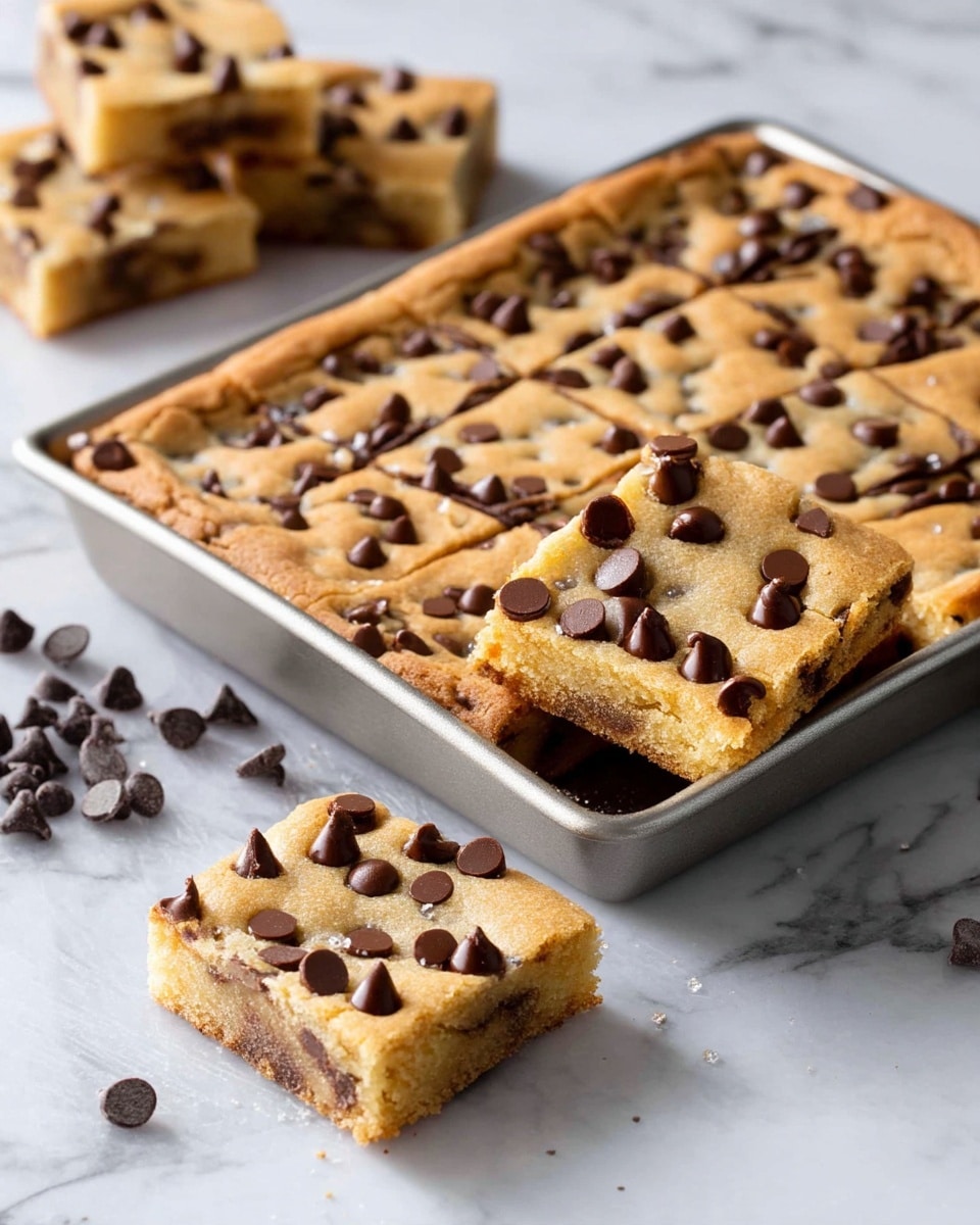 A metal tray filled with a thick, golden-brown chocolate chip cookie cut into square pieces. The cookie is evenly dotted with shiny, dark brown chocolate chips on top. Two squares are placed outside the tray, one on the white marbled surface and one still partly on the tray. Some loose chocolate chips are scattered around the tray on the white marbled background. The cookie has a slightly crispy edge and a soft center visible on the separated pieces. photo taken with an iphone --ar 4:5 --v 7