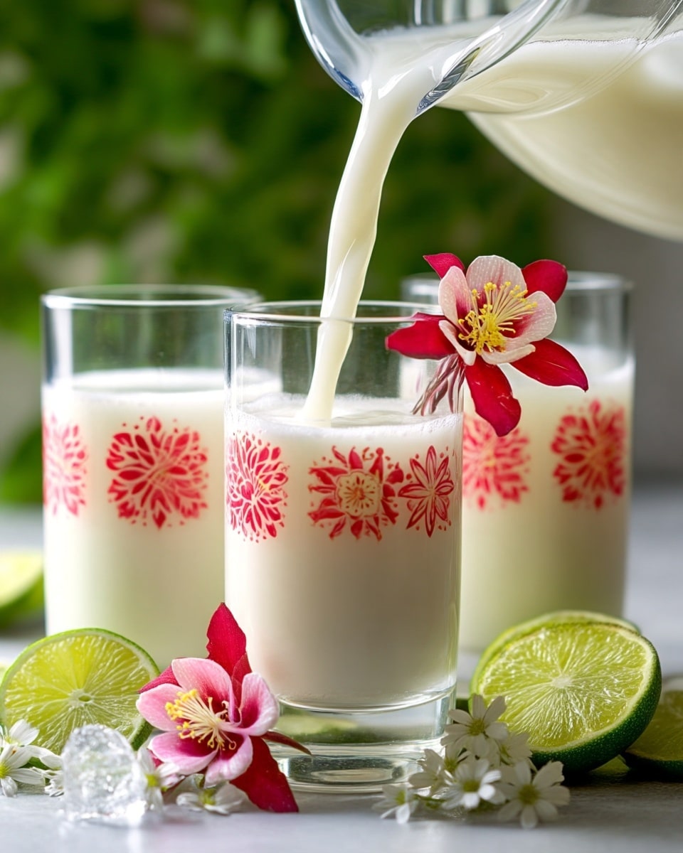 A clear glass filled with smooth white liquid is at the center being poured from a clear pitcher tilted above it. The glass is decorated with a bright red and pink flower on its rim. Behind it, two more similar glasses also filled with the same white liquid are visible. Around the base of the glasses, there are fresh green lime slices and clear ice cubes. Some more red and pink flowers along with small white flowers are scattered around the base. The background shows blurry green leaves. Photo taken with an iphone --ar 4:5 --v 7