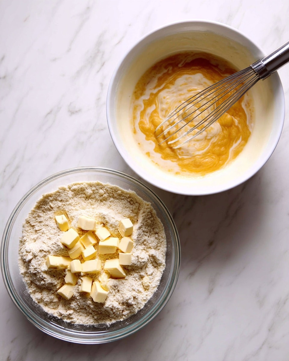 The image shows two clear bowls placed on a white marbled surface. The left bowl contains a dry mix of flour with small pieces of cold butter cut into cubes scattered evenly on top, creating a pale yellow contrast against the light beige flour. The right bowl has a wet mixture with a creamy off-white liquid swirled with golden brown streaks, being stirred by a silver whisk inside the bowl. The scene focuses on the textures of dry and wet ingredients before combining. Photo taken with an iphone --ar 4:5 --v 7