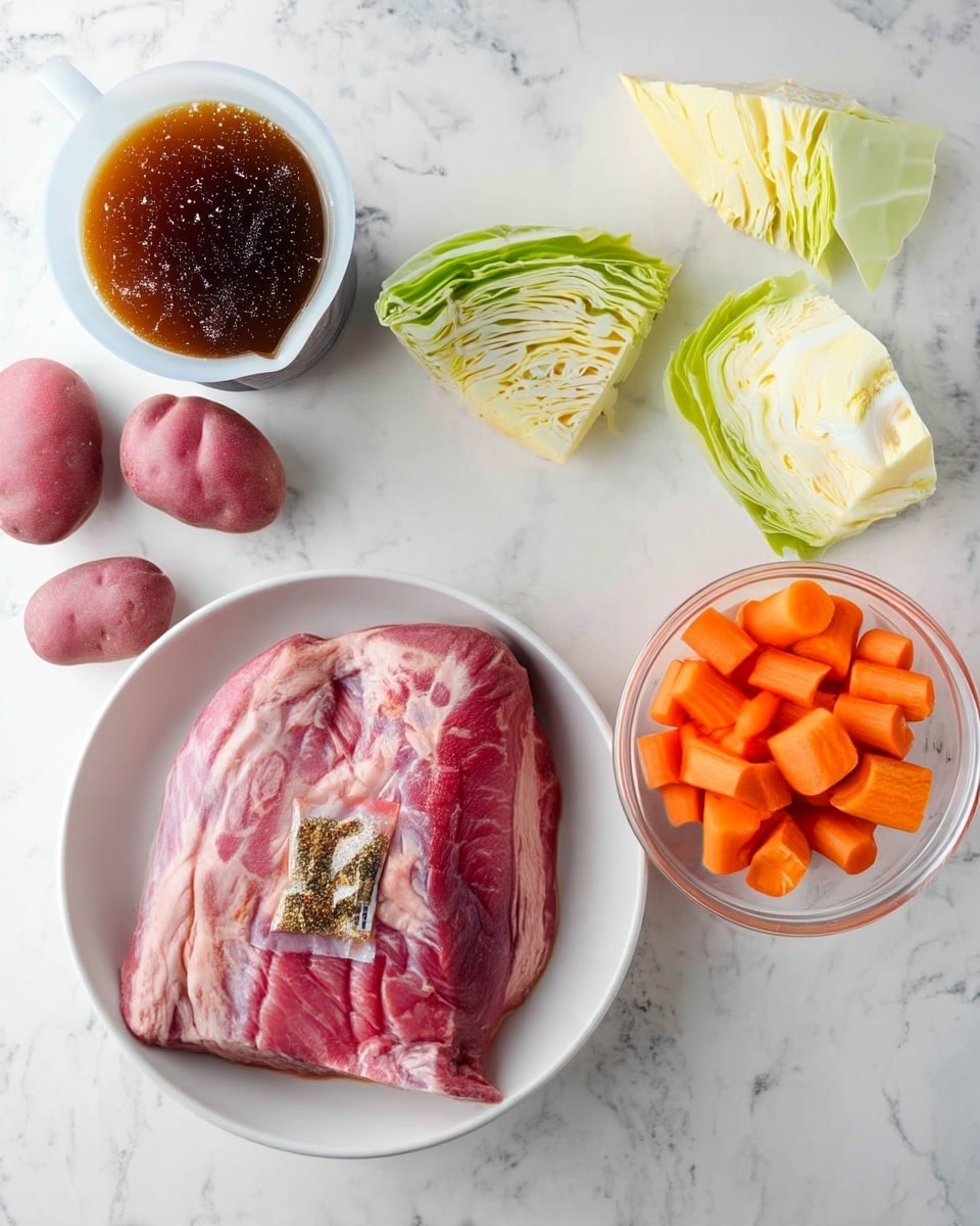 The image shows a white plate in the center holding a large piece of raw pink meat with some fat marbling and a small packet of seasoning on top. To the right, there is a clear glass bowl filled with bright orange carrot chunks. Above the plate, three thick wedges of pale green and white cabbage lay on the white marbled surface. To the left of the plate, seven small reddish-purple potatoes are scattered. Near the top left corner, a white container holds a dark brown liquid broth with some specks floating inside. The overall scene is bright and clean with all items placed on a white marbled background. Photo taken with an iphone --ar 4:5 --v 7