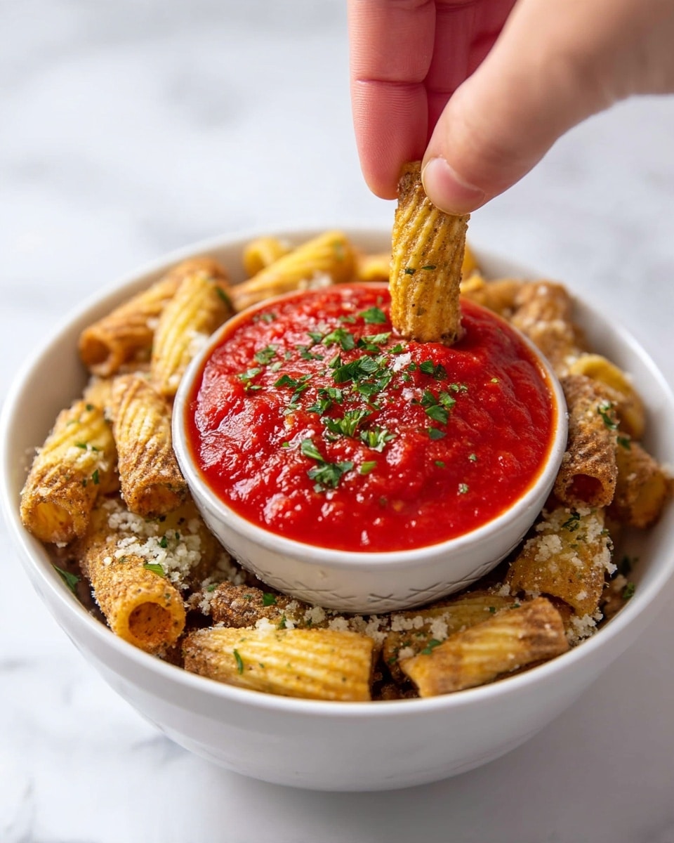 A close-up shot of a white bowl filled with ridged, lightly golden and brown pasta snacks sprinkled with green herbs and a grated white topping. In the middle of the bowl sits a smaller white bowl filled with bright red chunky tomato sauce. A woman's hand is dipping one pasta snack into the sauce. The background and surface have a white marbled texture. photo taken with an iphone --ar 4:5 --v 7