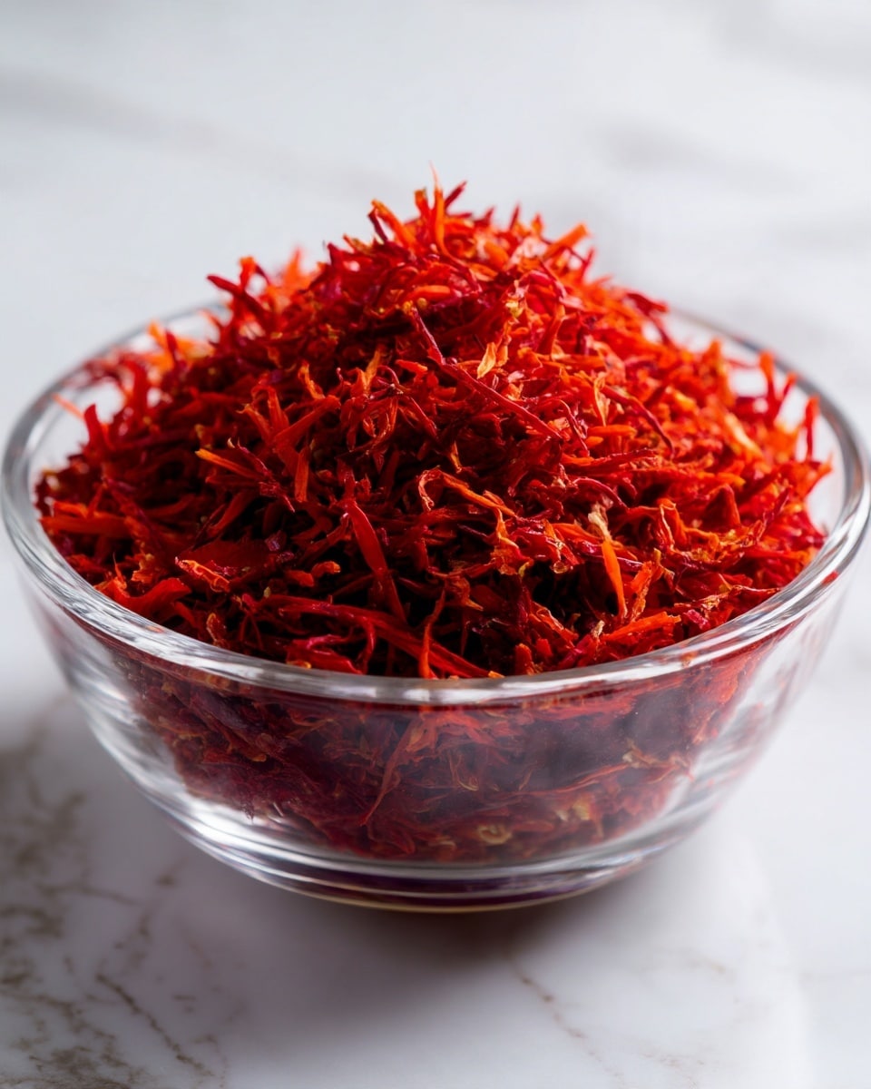 A clear glass bowl filled with bright red shredded dried chili peppers, placed on a white marbled surface. The chili pieces are piled loosely, showing a rough and slightly flaky texture, with some small seeds visible among the shreds. Light softly highlights the vibrant color and texture of the chili inside the glass bowl. Photo taken with an iphone --ar 4:5 --v 7