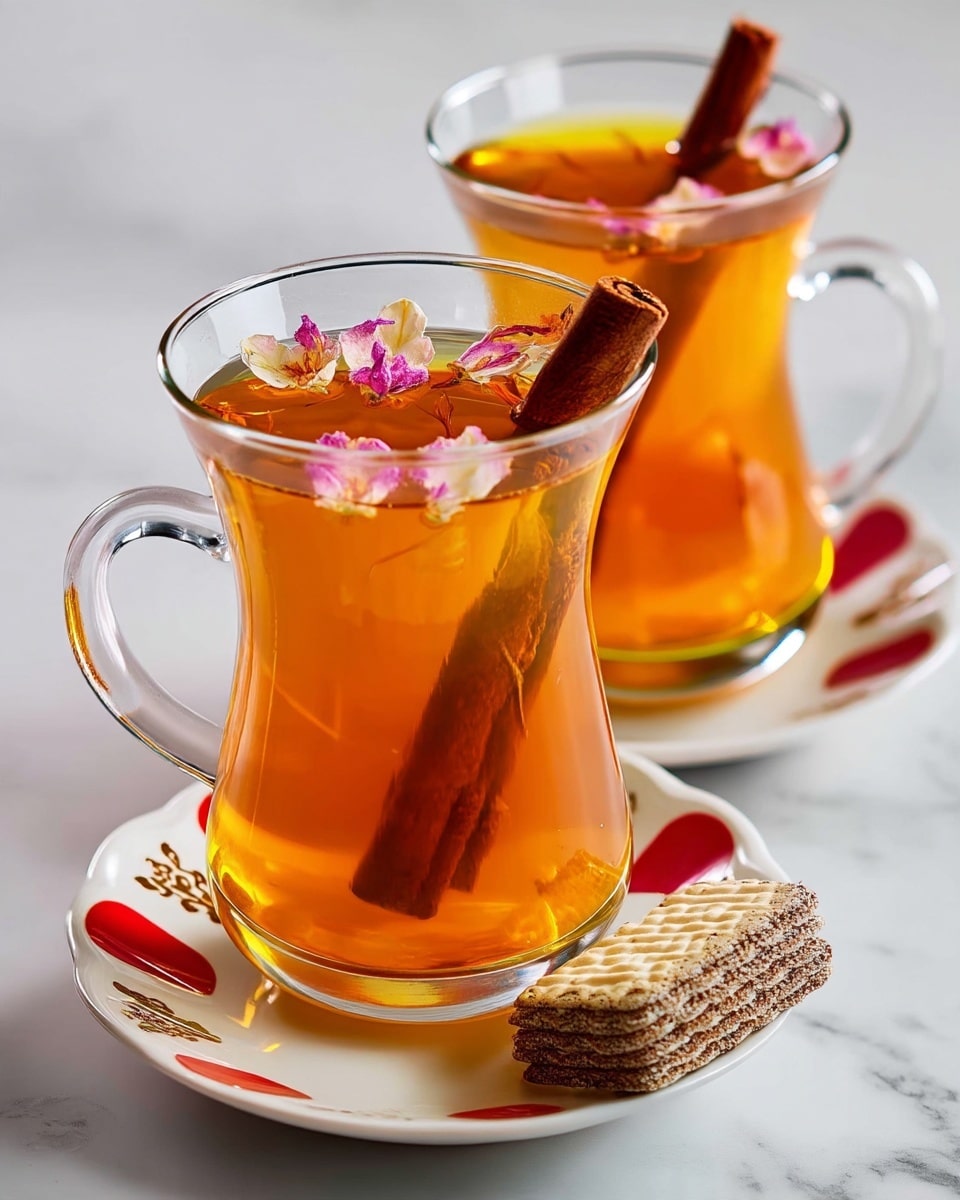 The image shows two tall, clear glass cups filled with bright amber tea. Each tea cup has a piece of cinnamon stick inside, adding a dark brown vertical detail. One tea cup in the front has small pink and white flower petals floating on the surface, giving a delicate touch. Both cups sit on small white saucers decorated with red and gold patterns. On one saucer, there are two light beige wafer cookies with dark edges placed beside the glass. The background and surface are white marble, creating a clean and elegant look. photo taken with an iphone --ar 4:5 --v 7