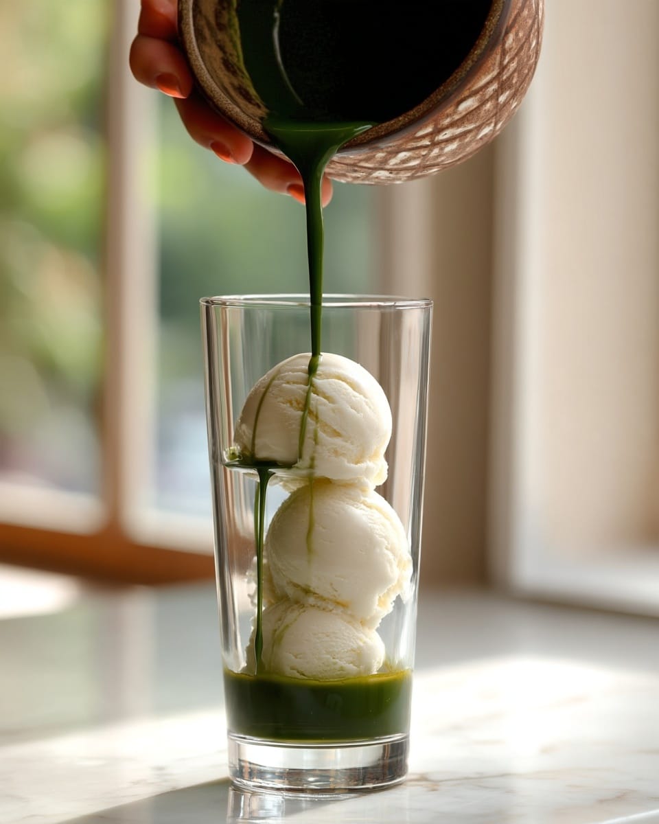 A tall clear glass shows three scoops of creamy white ice cream stacked inside. Above the glass, a woman's hand holds a textured brown bowl that pours thick, dark green liquid down into the glass. The scene is set against a white marbled surface with soft light coming through a window blurred in the background. photo taken with an iphone --ar 4:5 --v 7