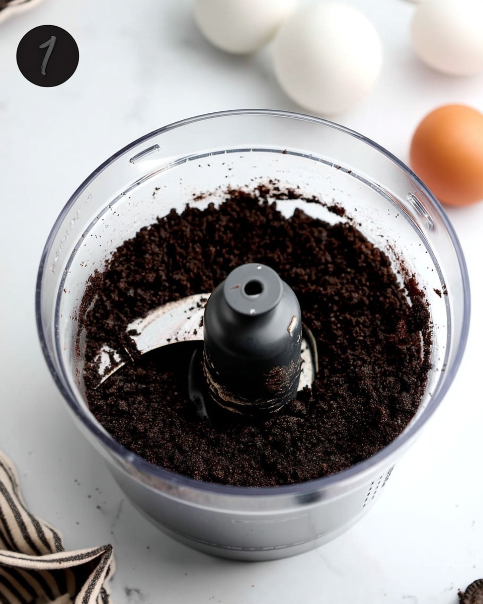 A clear plastic food processor bowl filled with finely crushed dark brown cookie crumbs that have a slightly crumbly texture, resting around the central black plastic blade and post inside the bowl. The bowl sits on a white marbled surface, and there is a round black