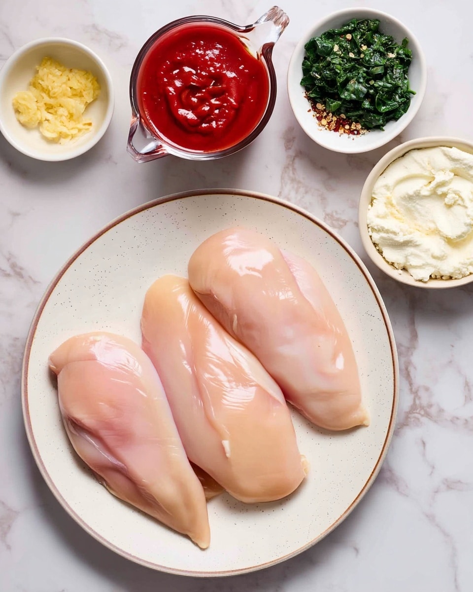 Three raw, shiny, pale pink chicken pieces lay side by side on a large white round plate with a thin brown rim, placed on a white marbled surface. Around the plate are six small white bowls holding finely chopped light yellow garlic, bright green sliced spinach, thick deep red marinara sauce in a clear glass jug, crumbly white ricotta cheese, finely grated pale yellow parmesan cheese, and a mix of dried red chili flakes, black pepper, salt, and dried green herbs on a speckled small round dish. The composition is neat and well lit, with everything clearly visible. photo taken with an iphone --ar 4:5 --v 7