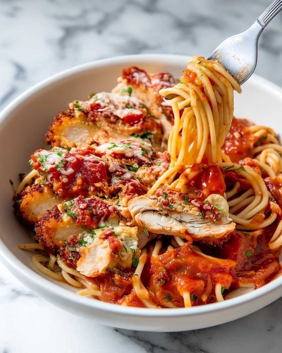 A white bowl holds a serving of spaghetti topped with thick red tomato sauce showing small chunks of tomato and herbs. On top of the pasta, there are thick pieces of breaded chicken covered with melted light brown and white cheese and sprinkled with green herbs. A silver fork rests in the bowl, lifting some spaghetti with sauce. The bowl sits on a white marbled surface. Photo taken with an iphone --ar 4:5 --v 7